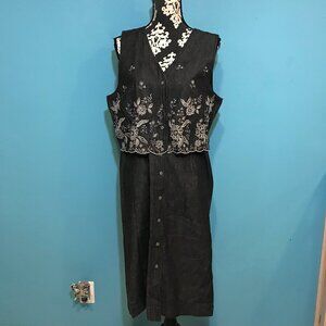 Susan Bristol Woman's Maxi Denim Dress Grey Floral Print GUC Size 12 Sleeveless